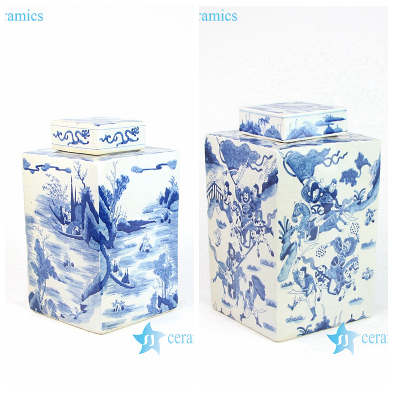RYQQ10-C/D China underglazed blue handmade Landscape and character square porcelain jar tea caddy