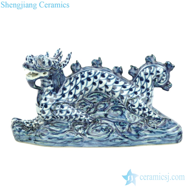 blue and white porcelain dragon statue-side view