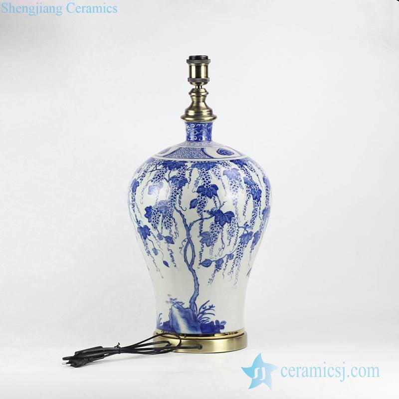 Brass base Jingdezhen artisan handmade grape vine pattern blue and white porcelain lighting
