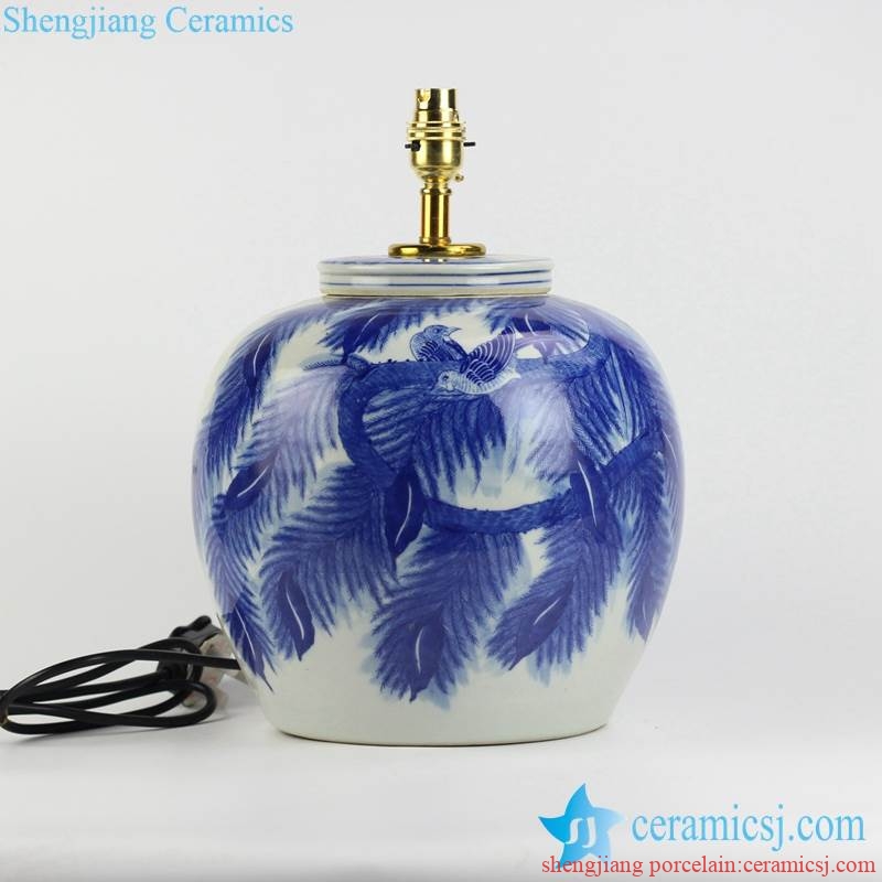  handmade leaf and couple birds pattern blue and white porcelain body table lamp