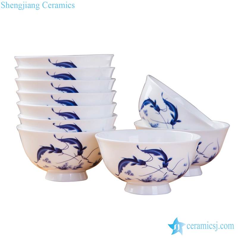  fish pattern blue and white ceramic bowls set of 10