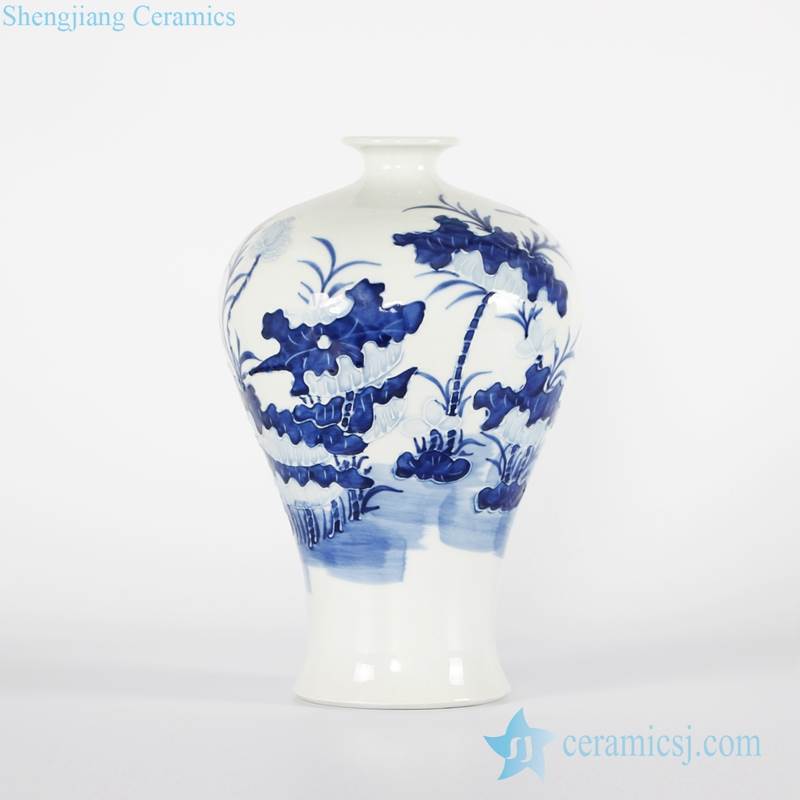  blue and white relief lotus pattern porcelain Meiping vase