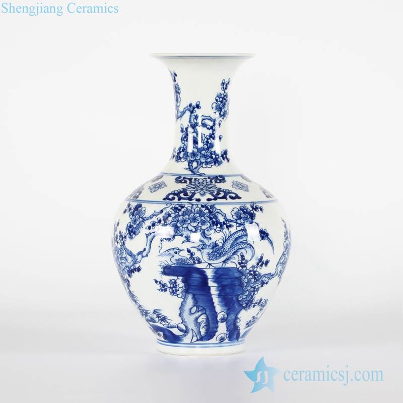 Chinoiserie blue and white bird floral pattern chinaware flower vase