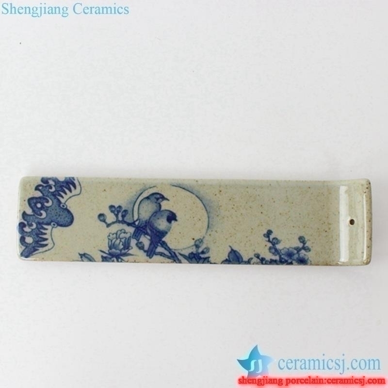 Crude clay handmade  blue and white bird moon floral pattern pottery tile incense stick holder