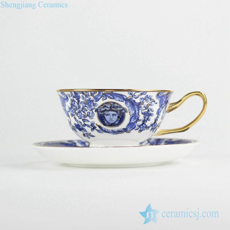 Gold pleated  handmade blue and white  crockery coffee tea cup with saucer 