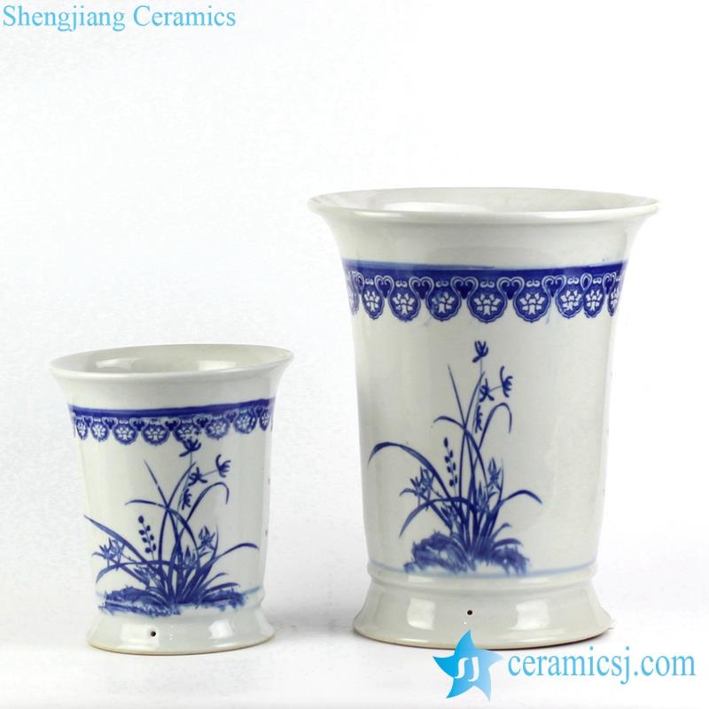 pair planters handmade  blue and white orchid pattern
