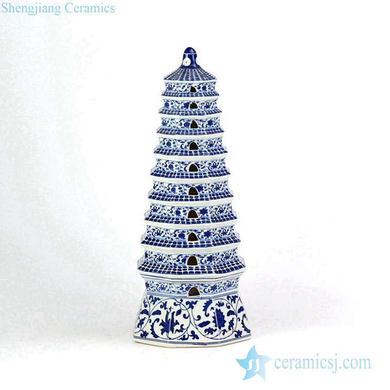 Blue and white flower pattern new arrival Buddhism porcelain pagoda figurine