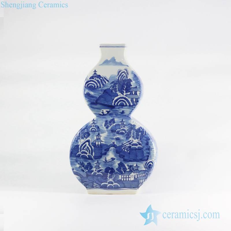 Flat calabash shape  blue and white handmade China town pattern ceramic vase