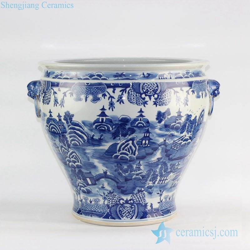  Jingdezhen design oriental scenic view pattern handmade blue and white large vintage pot with lion handles