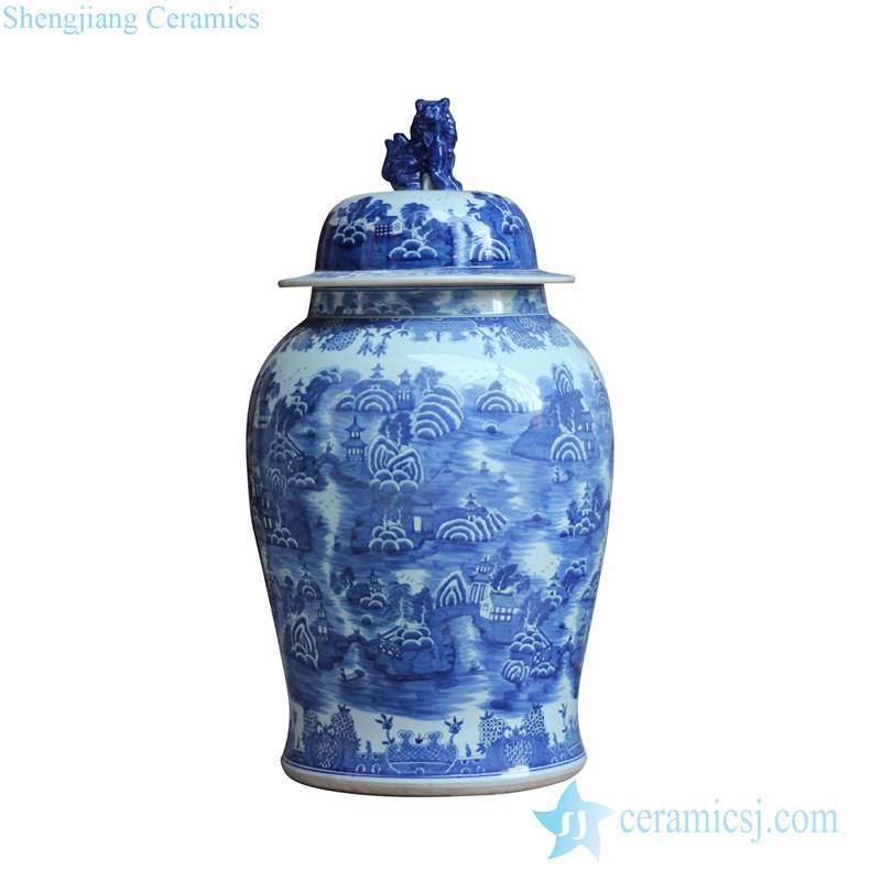Blue and white lover collection scenery  pattern and foo dog lid design delft ceramic ginger jar