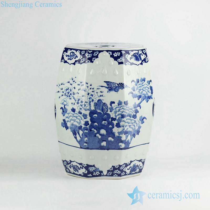 Luxury handmade bird peony pattern blue and white ceramic ornament stool