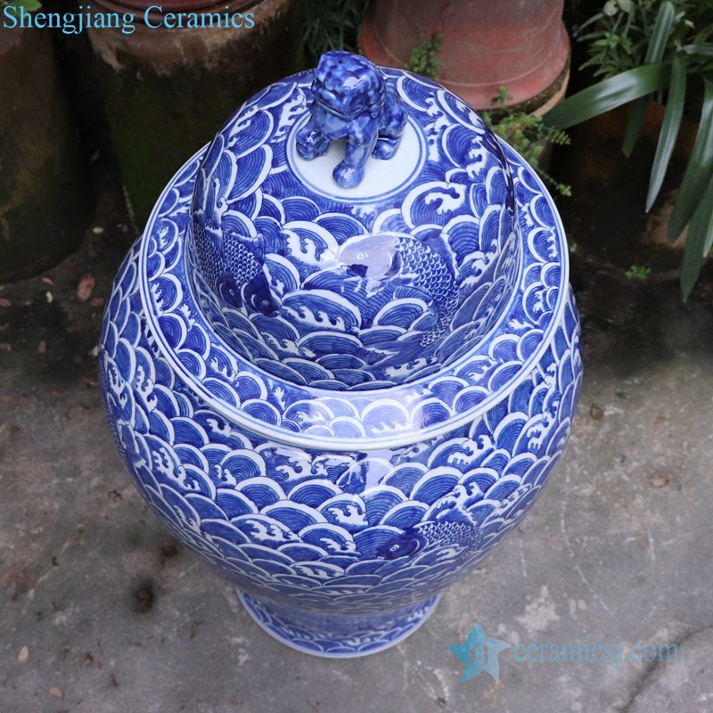 ancient covered storage ceramic jar with dragon pattern 