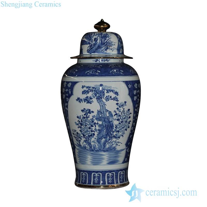 Oriental blue and white golden line pair birds pattern handmade exquisite tall ceramic jar with lid