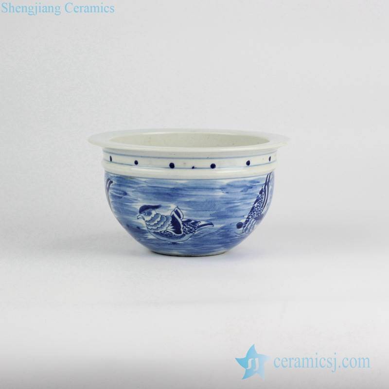 Elegant blue and white mandarin couple ducks pattern small porcelain planter pot