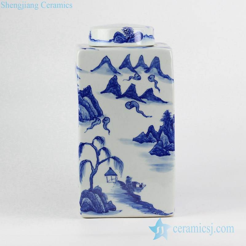 Blue and white live in seclusion square storage ceramic  jar