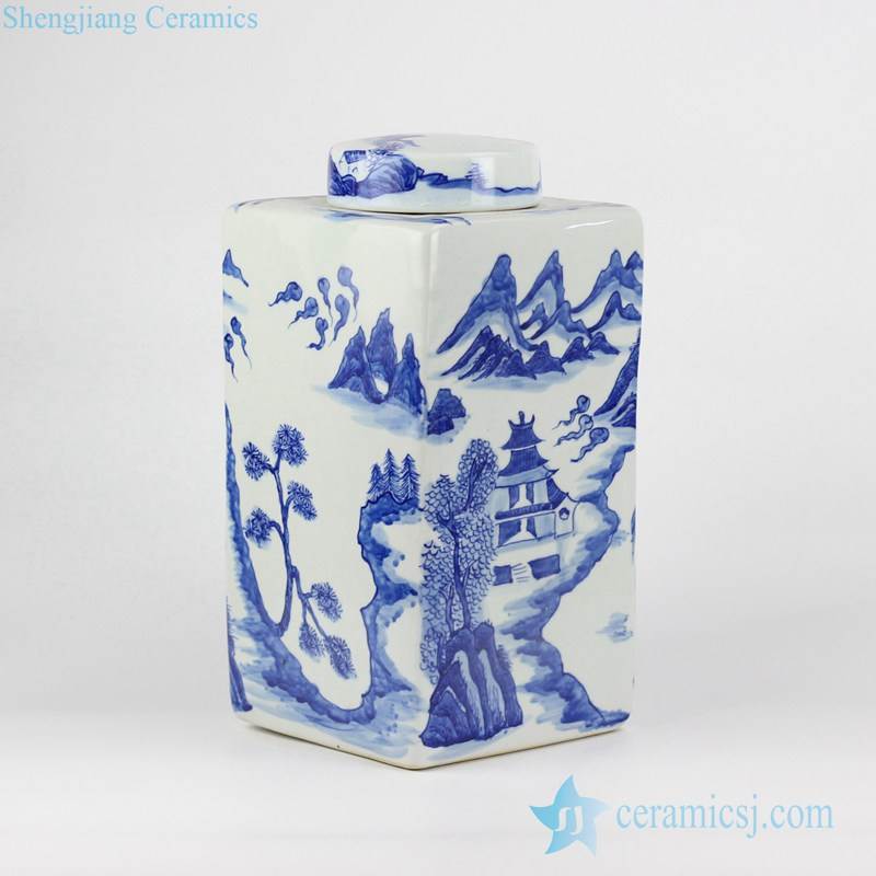 Blue and white hand paint China temple in mountains pattern ceramic square honey jar