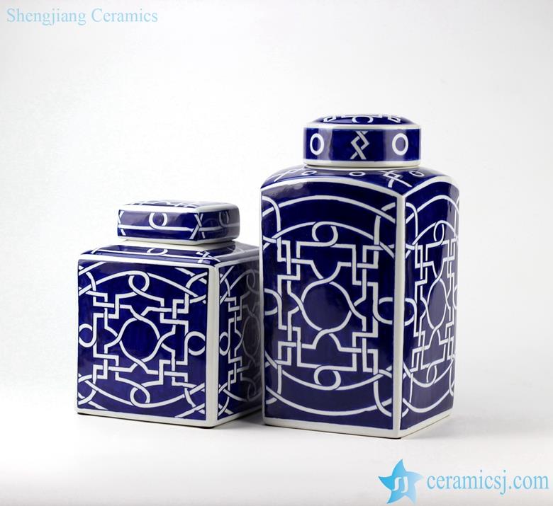  handmade dark blue and white ceramic jar in pair