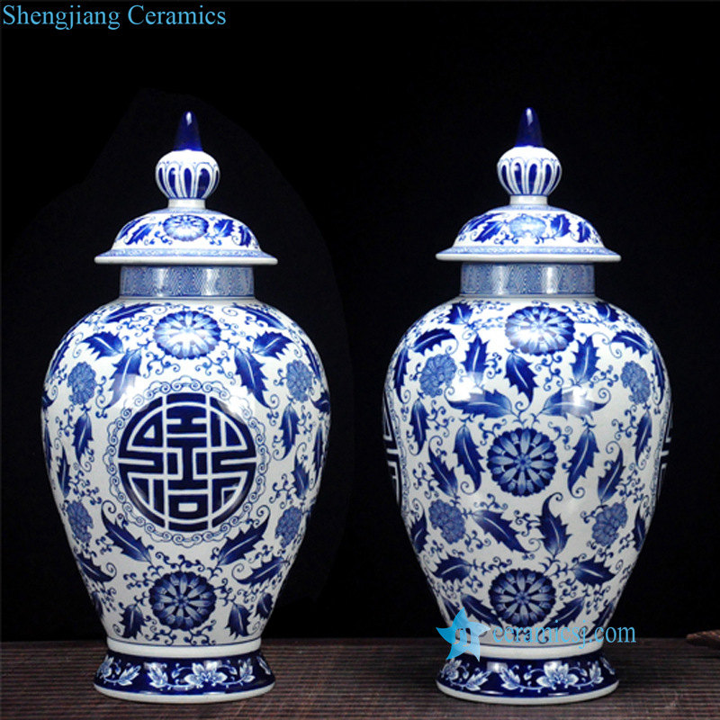 blue and white flower pattern porcelain temple jar
