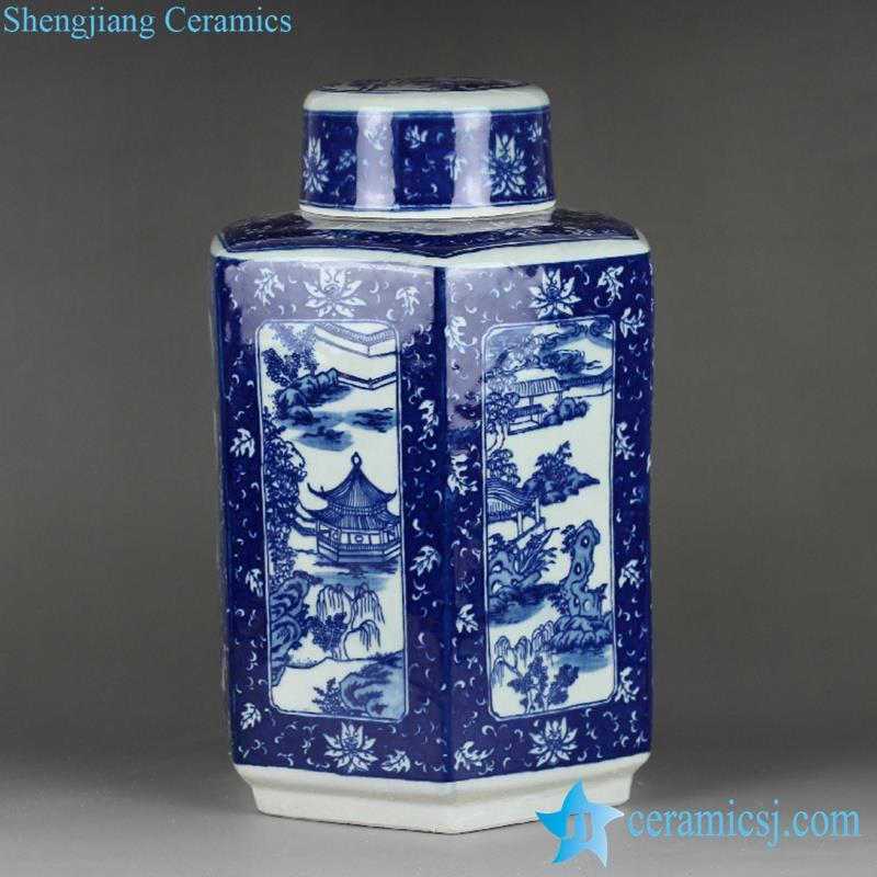 Antique reproduction blue and white hand paint southern Chinese scenery  pattern ceramic tin jar