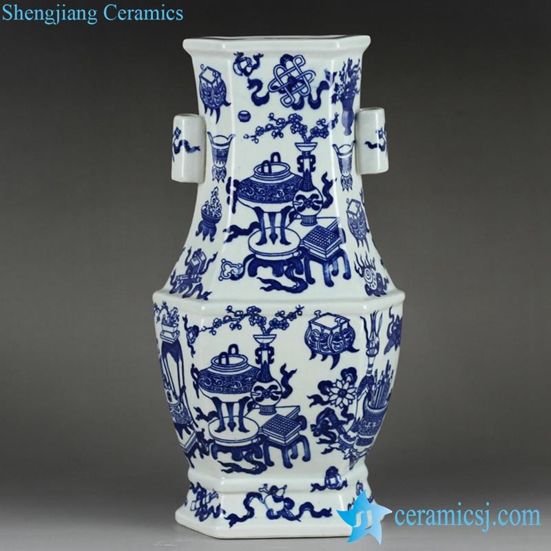 Vintage top grade 6 sides two handles handmade eight treasures pattern blue and white porcelain  decor vase