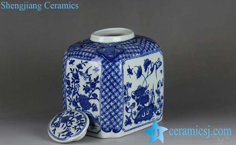 Blue and white handmade  porcelain  square jar with flat lid
