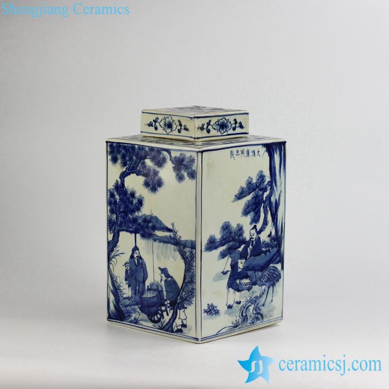 Qing Dynasty Kangxi Emperor era reproduction handmade  ancient China farming life pattern porcelain  square blue and white jar