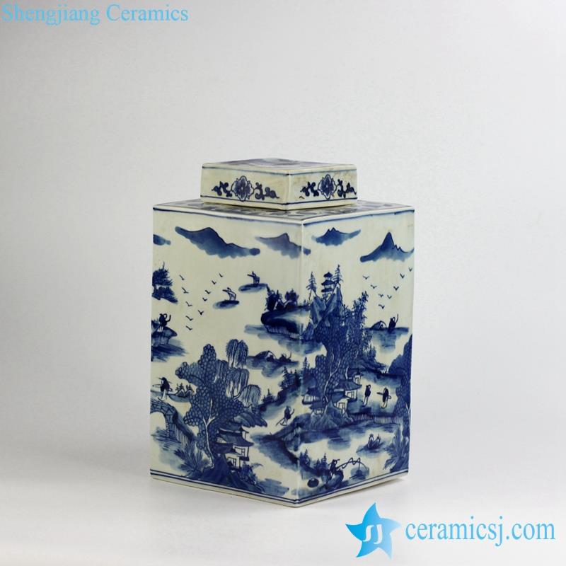 Qing Dynasty Kangxi Emperor era reproduction handmade  scenery  pattern porcelain  square blue and white jar