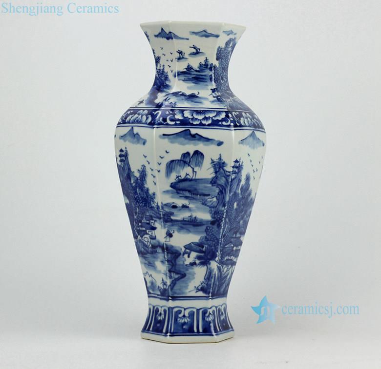 Hexahedral handmade  scenery pattern blue and white tall vases wholesale