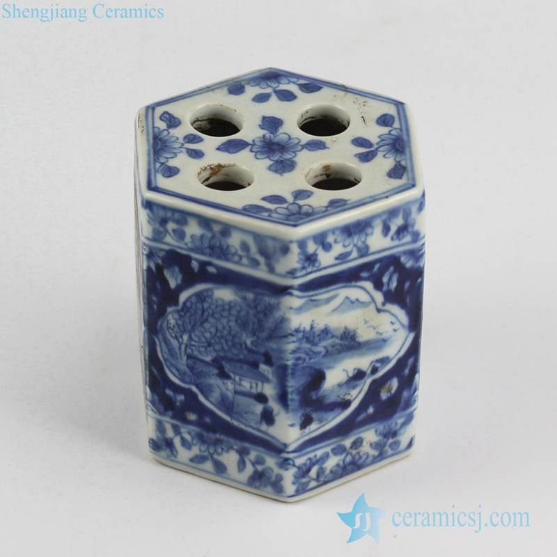 traditinal style blue and white hand paint  country landscape pattern porcelain teeth brush holder