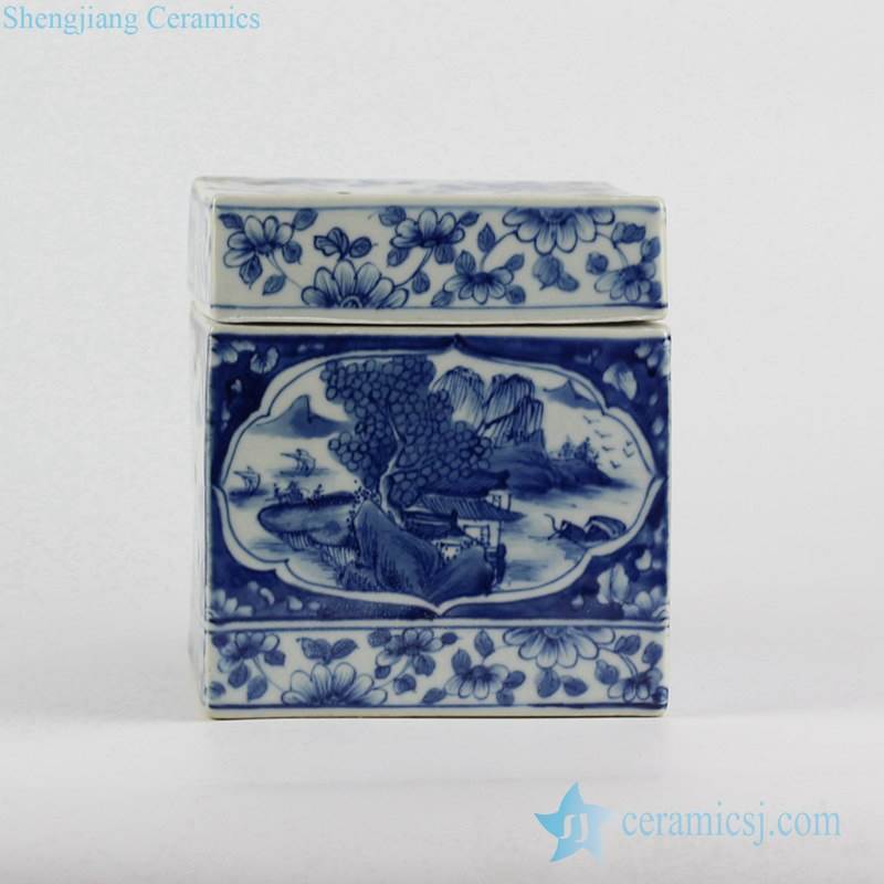 Handmade  blue and white river mountain pattern ceramic tissue box