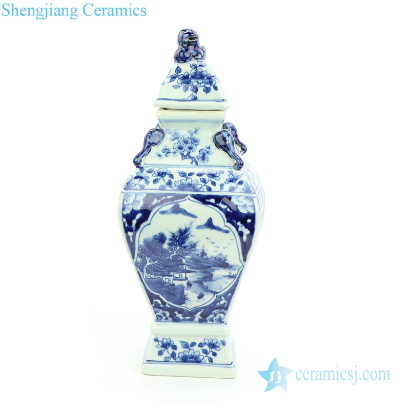 lion tip blue and white scenery jar