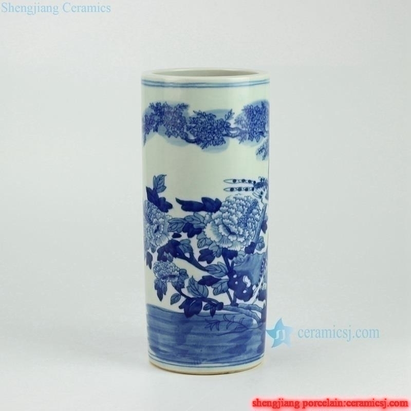 Blue and white straight slim tube shaped handmade  bird flower  pattern chinaware quvier pen container