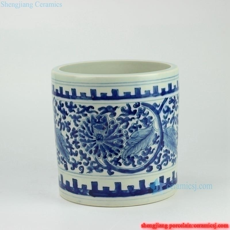 Handmade  blue and white interlock lotus branch pattern straight tube shaped big porcelain  quiver brush holder