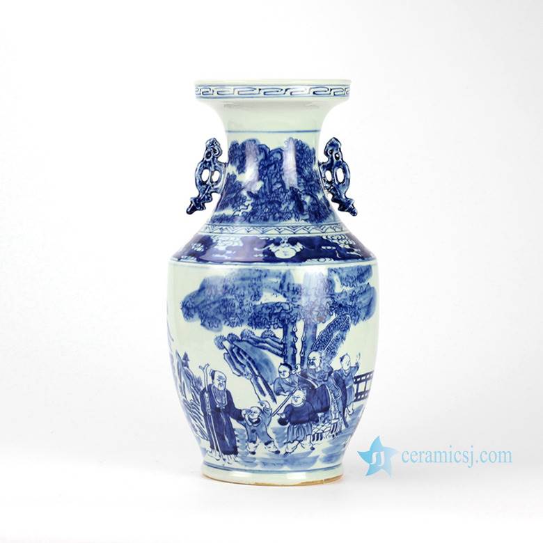 blue and white handmade  Confucius and children pattern ceramic vase with ears
