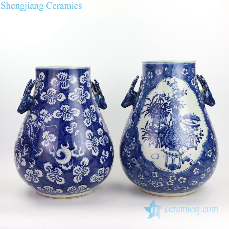 flower pattern porcelain vase with goat handle