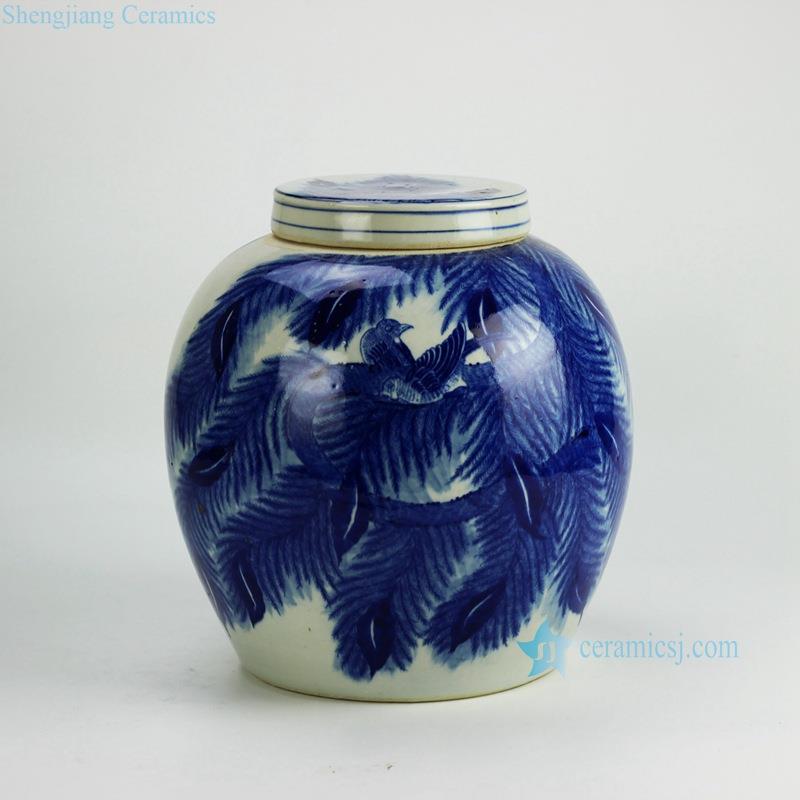 Handmade  blue and white bird leaves pattern ceramic  urn with lid