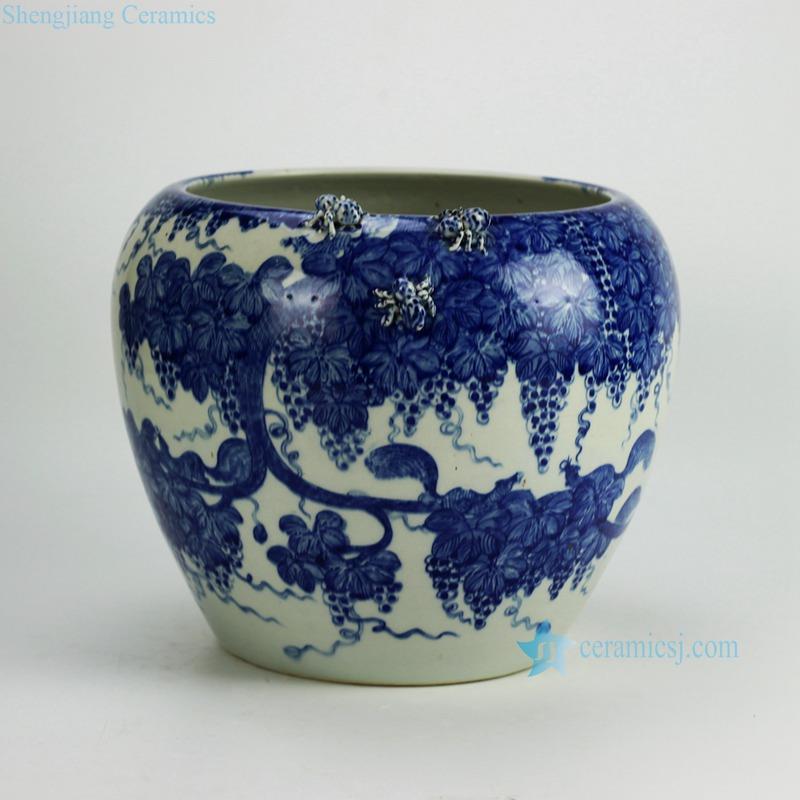 Handmade  blue and white squirrel grape pattern sculpture spider large porcelain  plant pot 