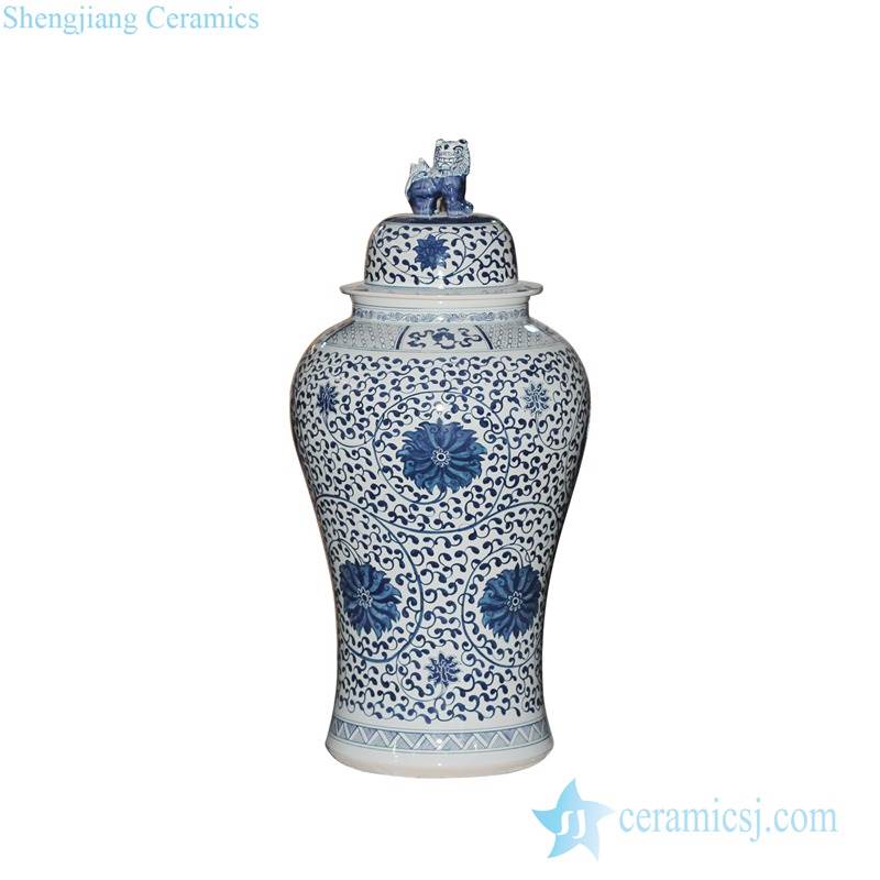  Treasure and fairy flower pattern blue and white handmade large porcelain ginger jar with lion knob