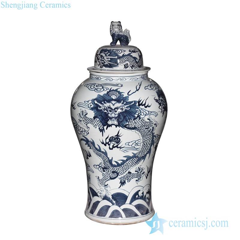  Lion knob  grandeur blue and white handmade lion pattern tall ceramic ginger jar