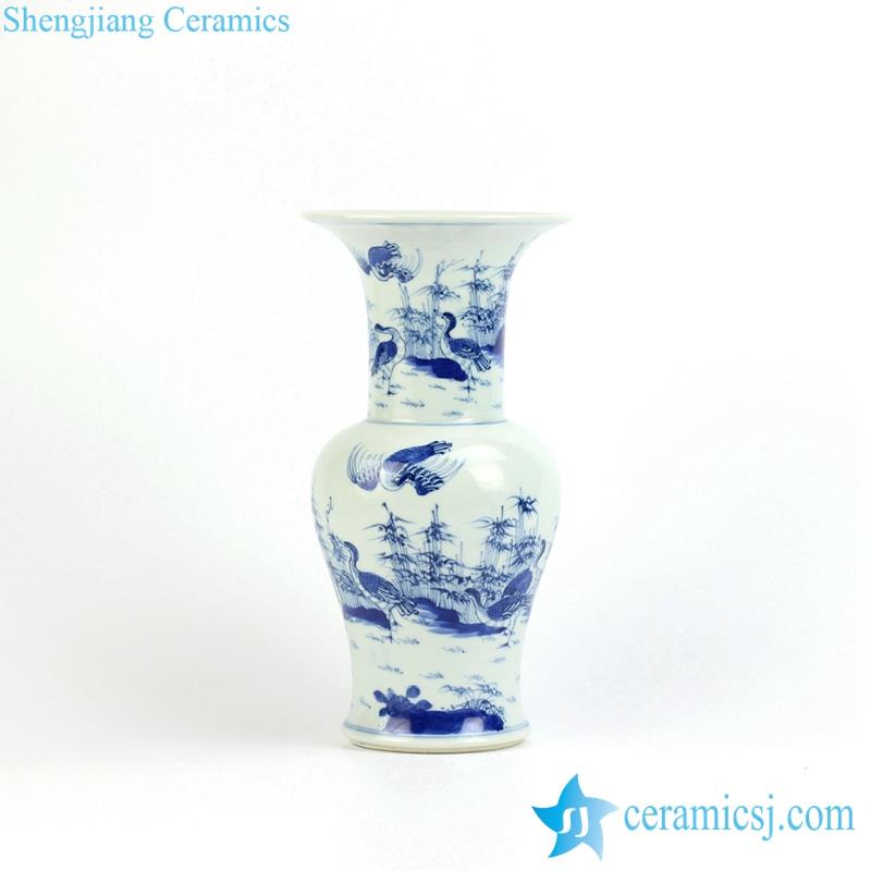 Handmade  wild goose pattern large open mouth blue and white trumpet ceramic vase