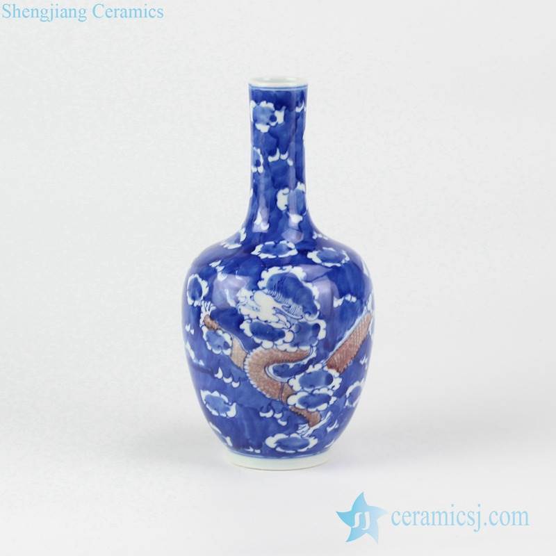 Bulk sale mallet shape handmade  blue and white red hand paint China dragon pattern porcelain vase