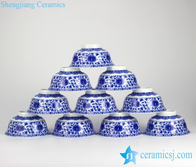 Blue and white handmade  high heel lotus interlock branch pattern dinnerware ceramic bowls