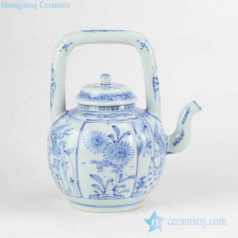 Chinese collectible vintage blue and white porcelain  tea pot with handle