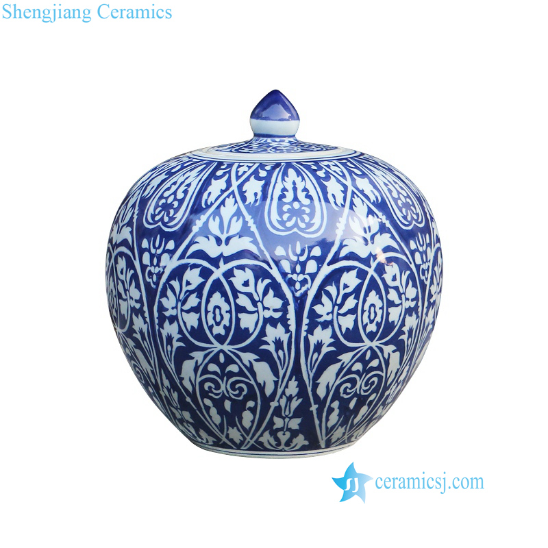 Blue and white floral ceramic vase with a lid