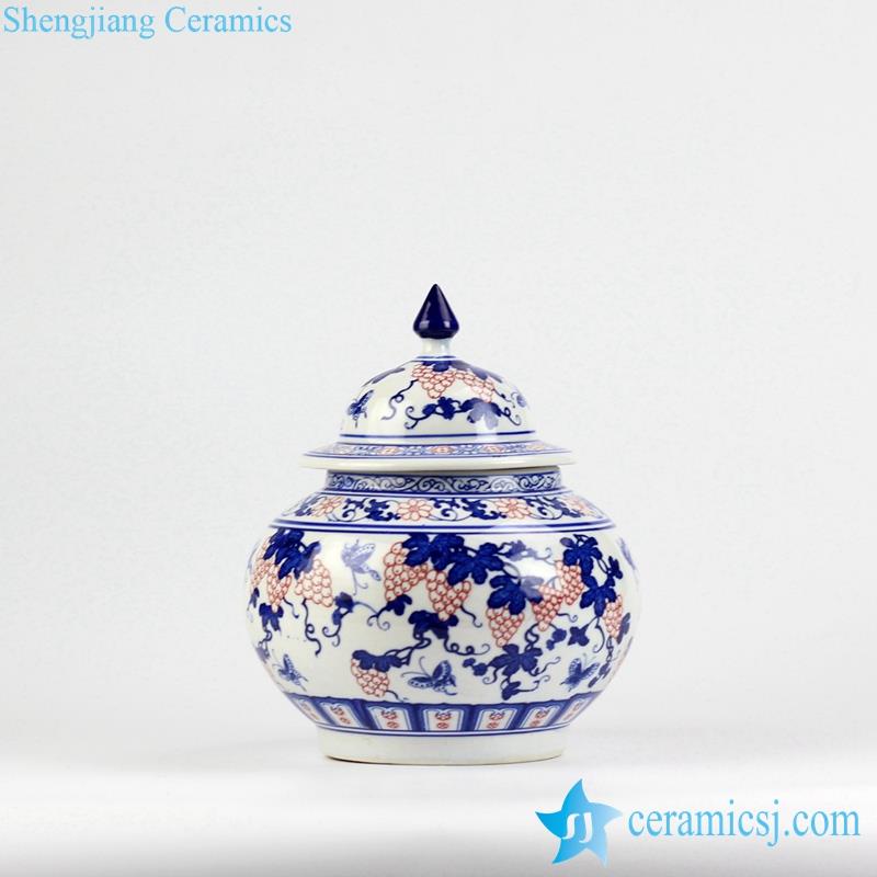Blue and white handmade special under glaze red grape pattern ceramic  sugar jar with candle lid