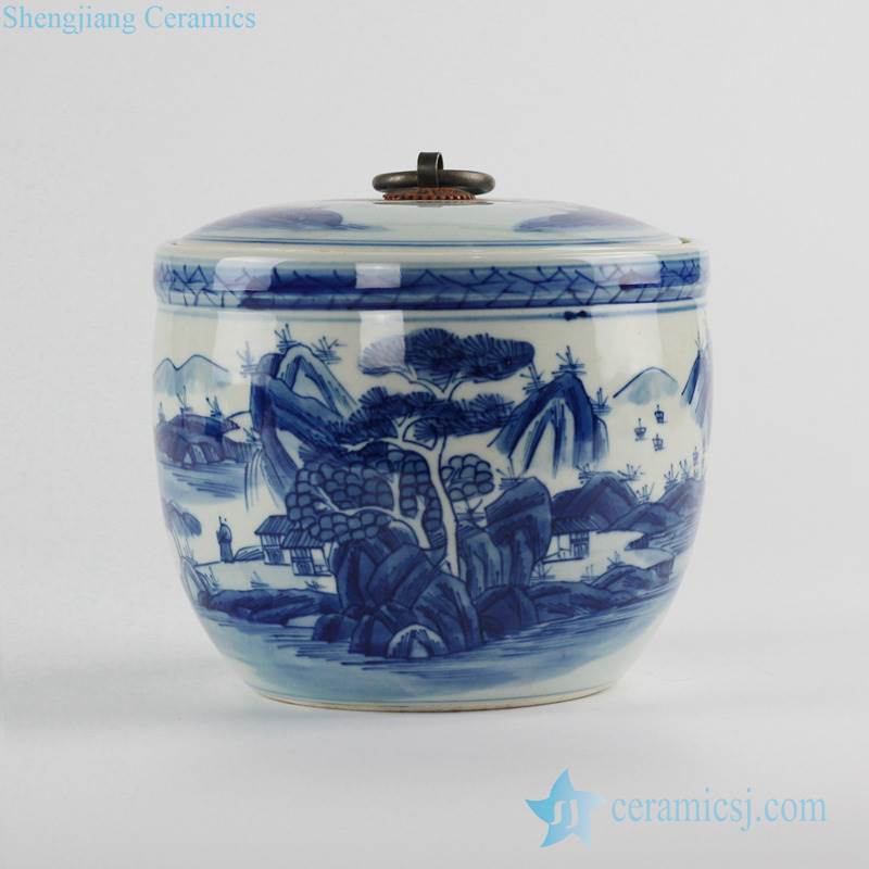 fine art Asian landscape  pattern blue and white porcelain lidded tea caddy