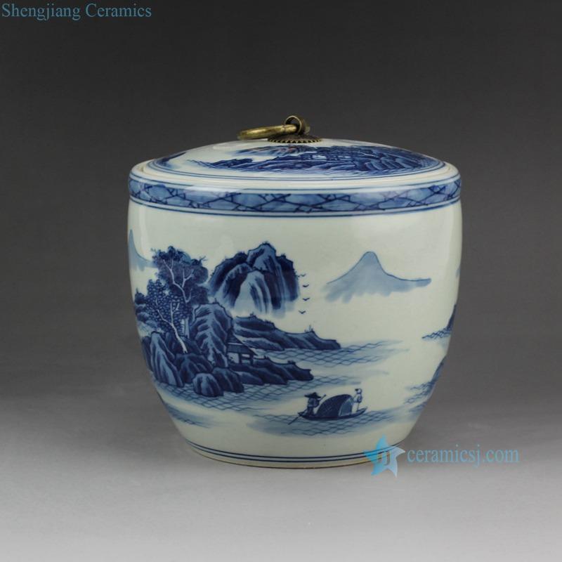 Blue and white  handmade metal ring flat lid vintage ceramic  jar