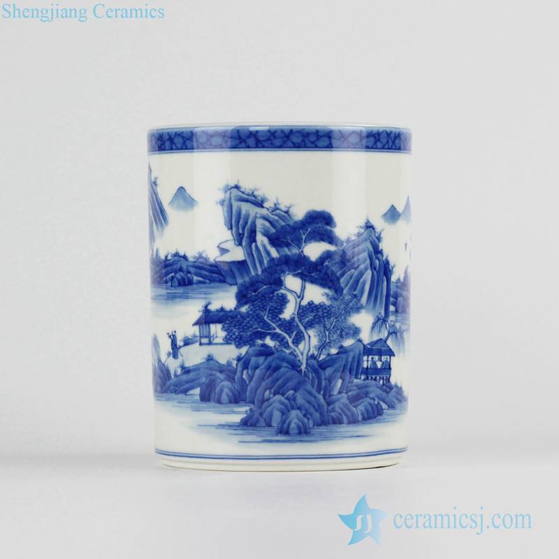 blue and white scenic design handmade porcelain  pot