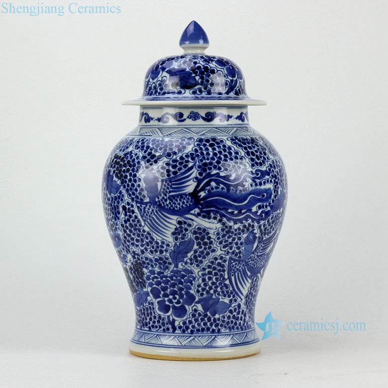 Blue and white handmade phoenix pattern ceramic interior jar