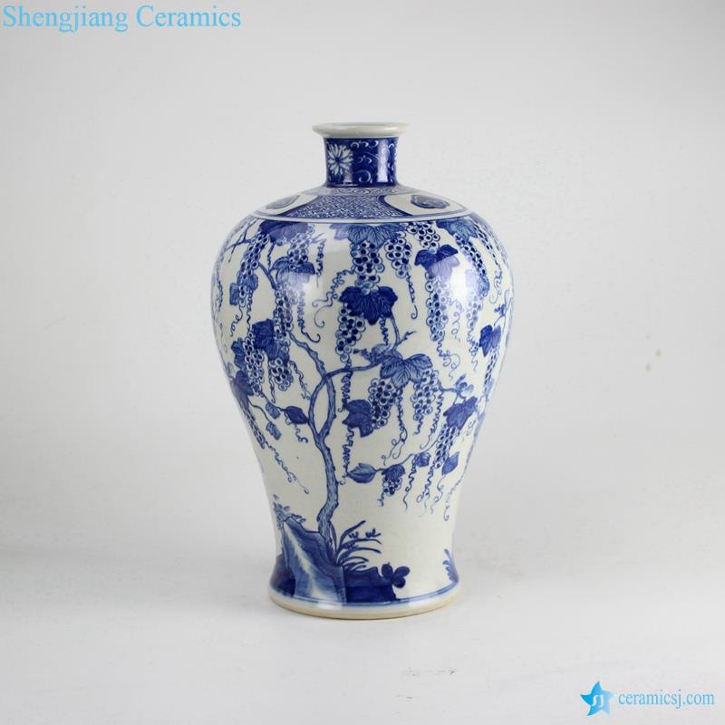 Blue and white handmade high quality  grape vine pattern reproduction Meiping vase